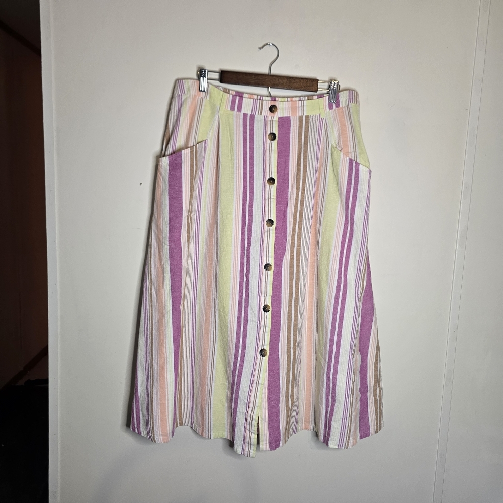 St Johns Bay Button Front Striped Linen Maxi Skirt